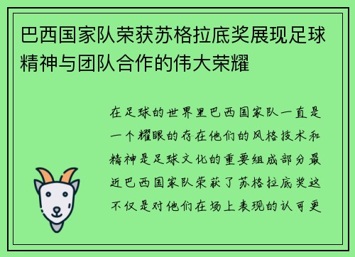 巴西国家队荣获苏格拉底奖展现足球精神与团队合作的伟大荣耀