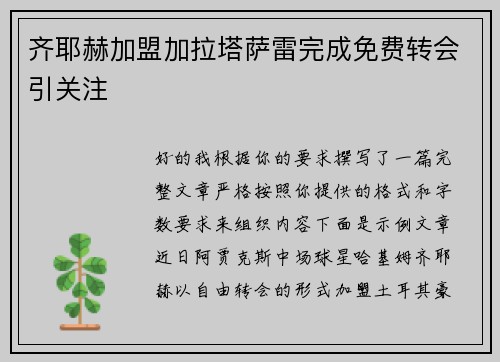 齐耶赫加盟加拉塔萨雷完成免费转会引关注