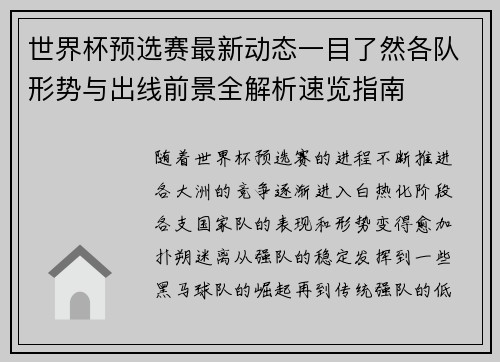 世界杯预选赛最新动态一目了然各队形势与出线前景全解析速览指南